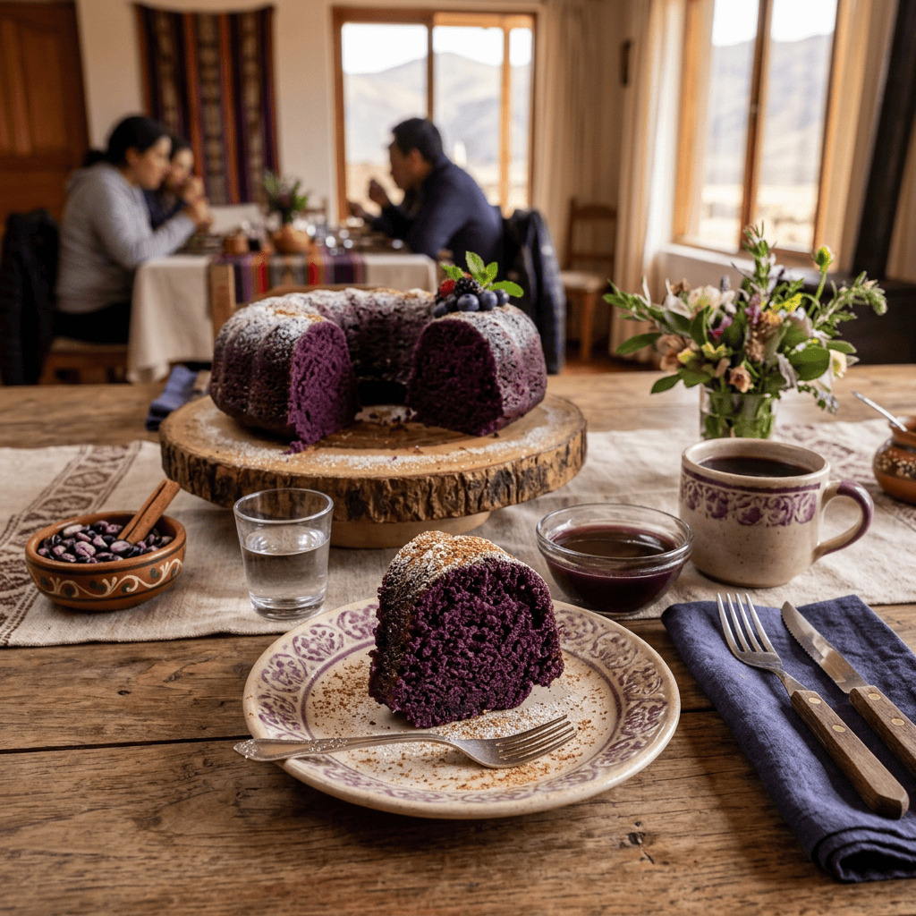 Imagen actual: Slice of purple bundt cake on a decorative plate with coffee and juice