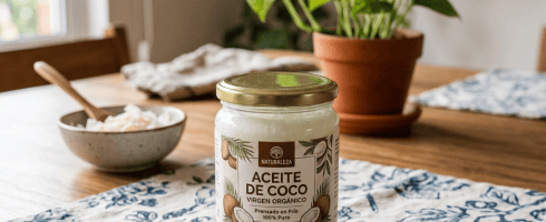 Jar of Naturaleza brand organic virgin coconut oil on a patterned cloth