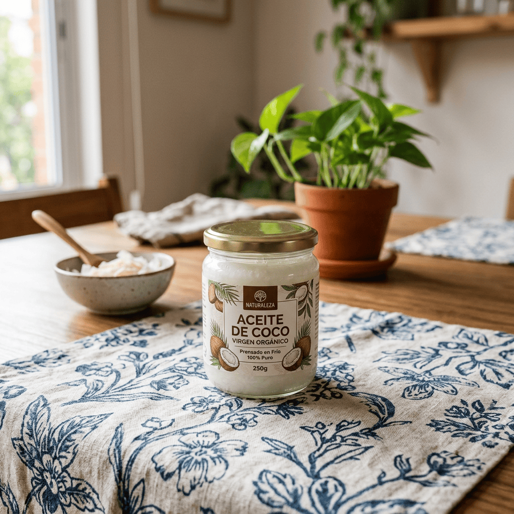 Imagen actual: Jar of Naturaleza brand organic virgin coconut oil on a patterned cloth