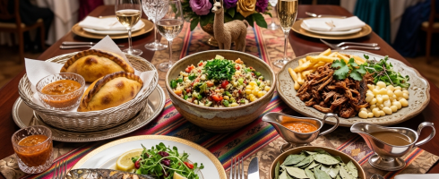 Table with traditional Andean dishes including grilled fish, empanadas, quinoa salad, shredded meat, potatoes, corn, and coca leaves.