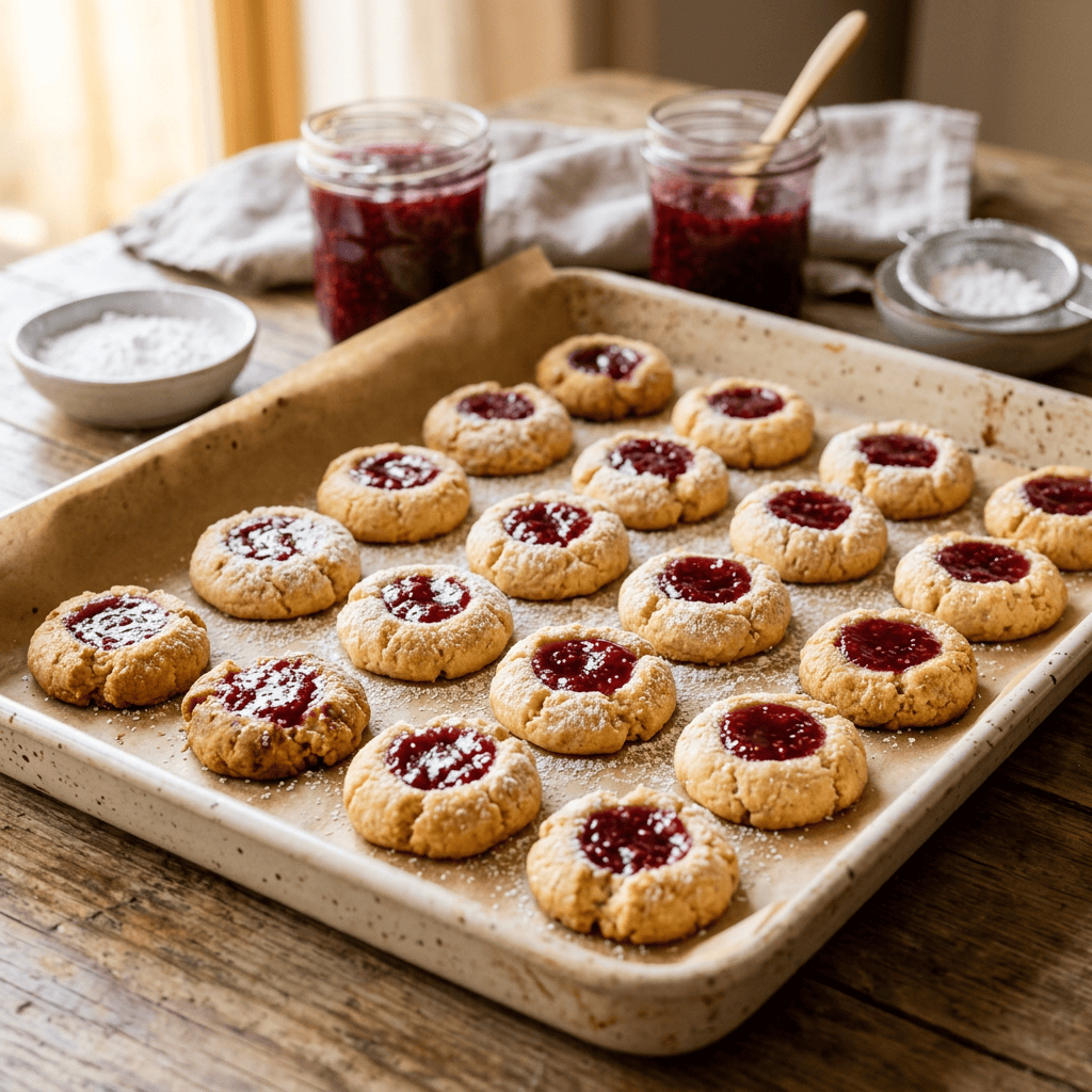 Imagen actual: Tray of freshly baked thumbprint cookies with raspberry jam centers and powdered sugar