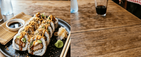 Plate of sushi rolls with soy sauce, wasabi, and ginger alongside a dessert with whipped cream, caramel sauce, and a small cup of coffee.