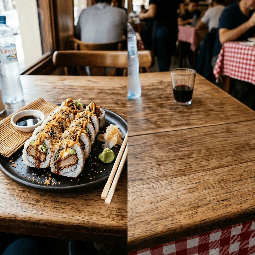 Imagen actual: Plate of sushi rolls with soy sauce, wasabi, and ginger alongside a dessert with whipped cream, caramel sauce, and a small cup of coffee.