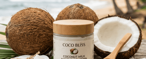 Jar of Coco Bliss Coconut Milk Makeup Remover with coconuts and cotton pads on wooden surface