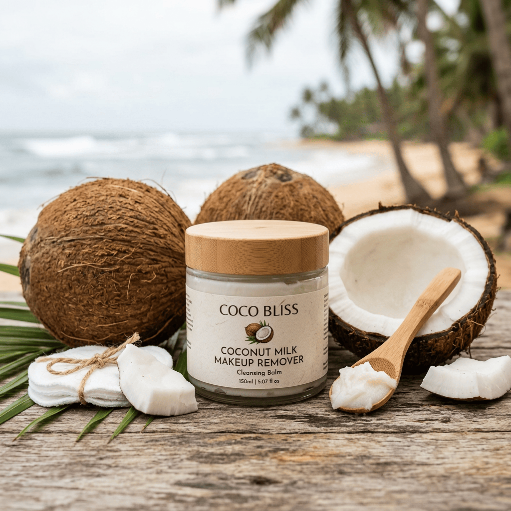 Imagen actual: Jar of Coco Bliss Coconut Milk Makeup Remover with coconuts and cotton pads on wooden surface