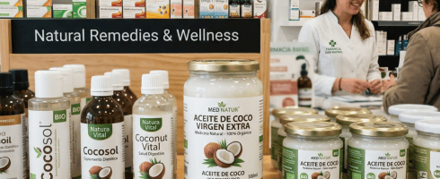 Coconut oil products and dietary supplements on a shelf labeled Natural Remedies & Wellness