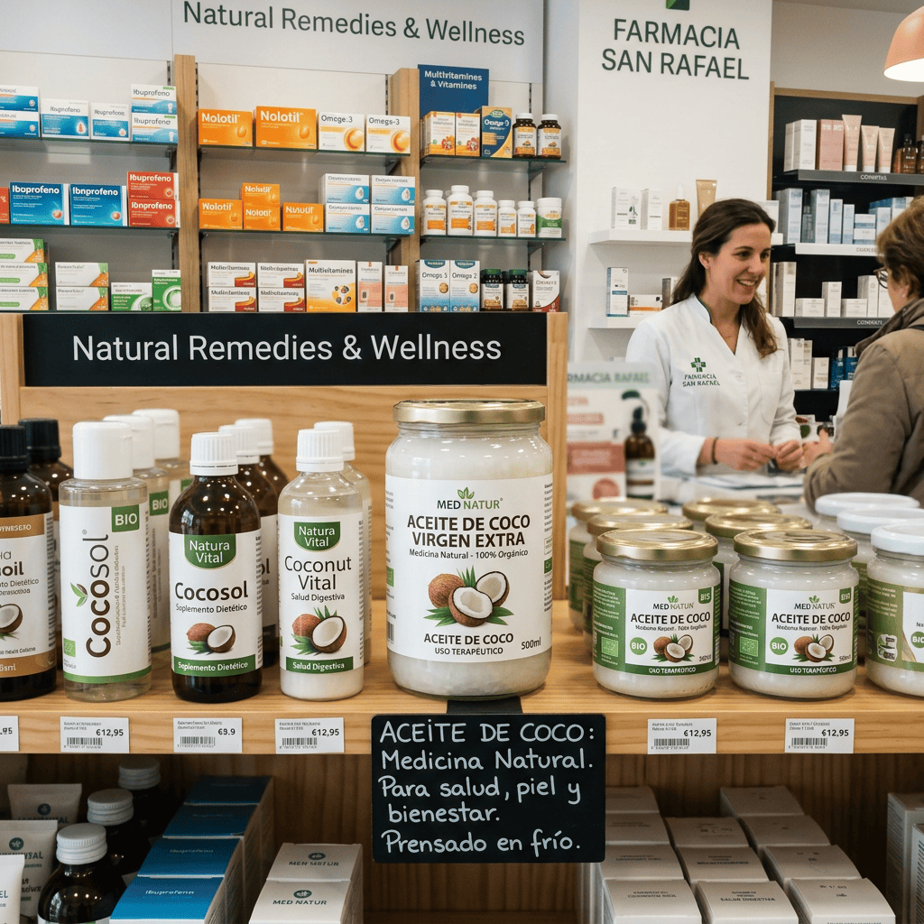 Imagen actual: Coconut oil products and dietary supplements on a shelf labeled Natural Remedies & Wellness