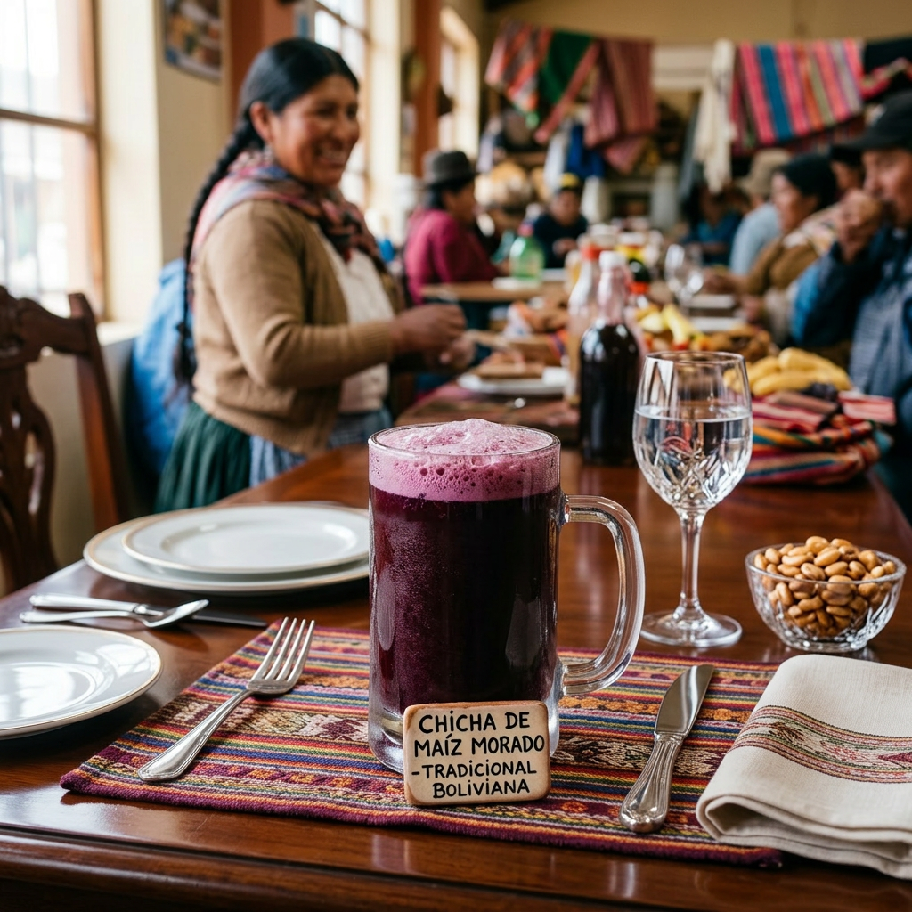 Imagen actual: Glass of traditional Bolivian chicha de maíz morado on a wooden table