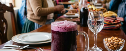 Glass of traditional Bolivian chicha de maíz morado on a wooden table