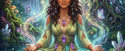 Woman meditating on a stone amid water lilies, crystals, and butterflies in a magical forest