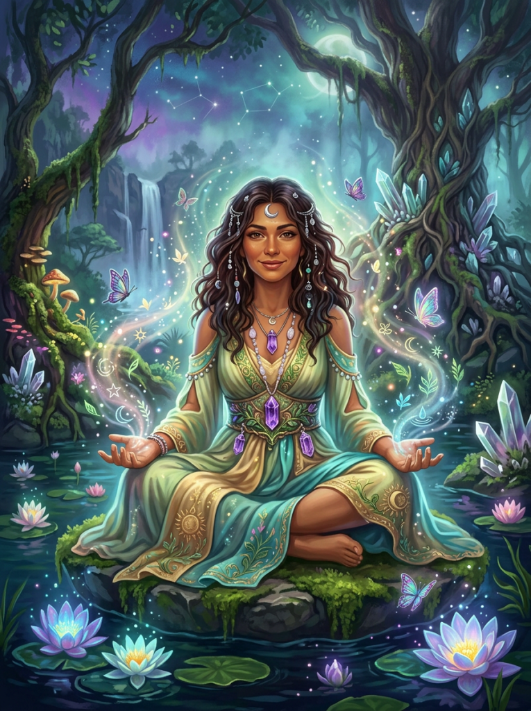 Imagen actual: Woman meditating on a stone amid water lilies, crystals, and butterflies in a magical forest