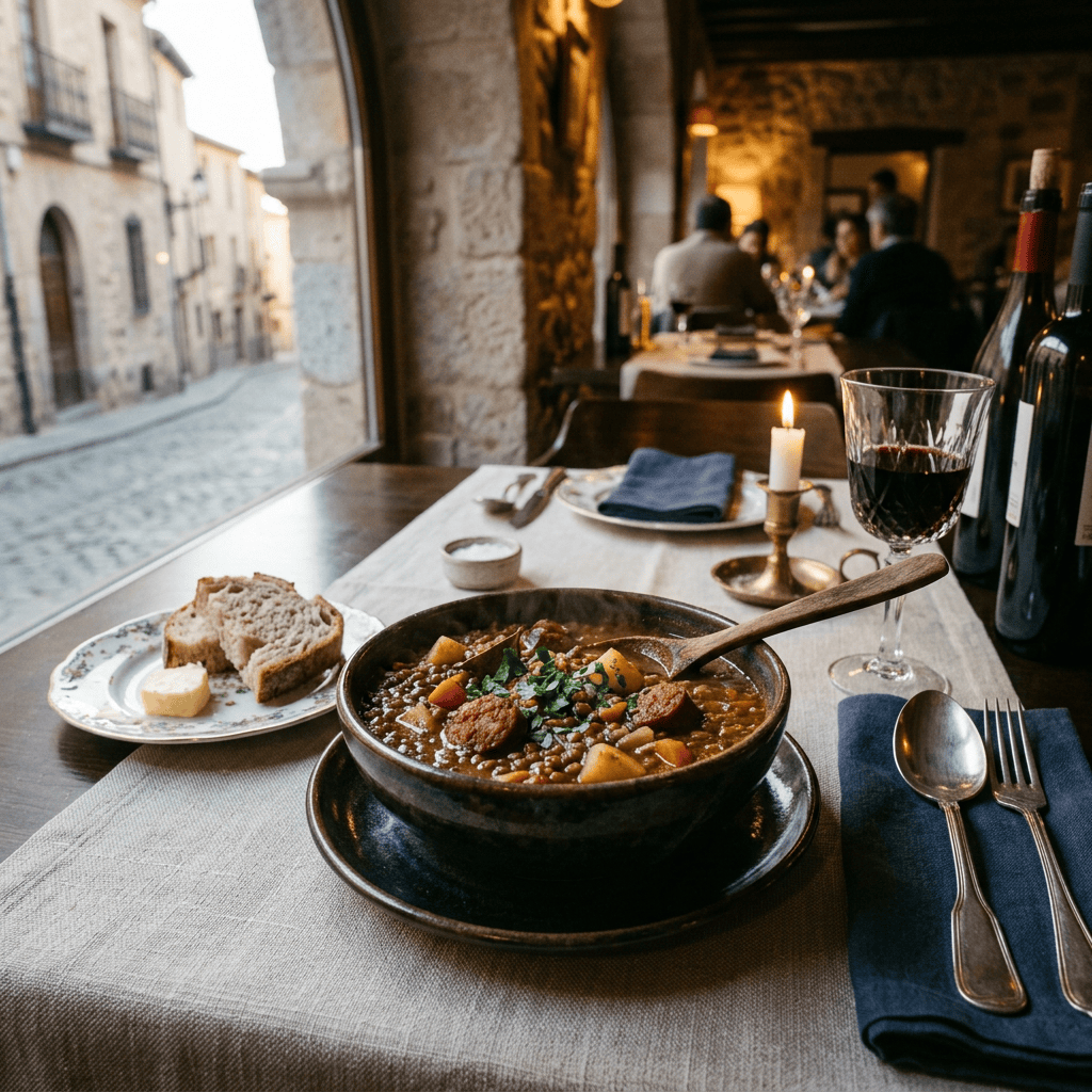Imagen actual: Bowl of stew with sausage and vegetables, glass of red wine, bread with butter on a table