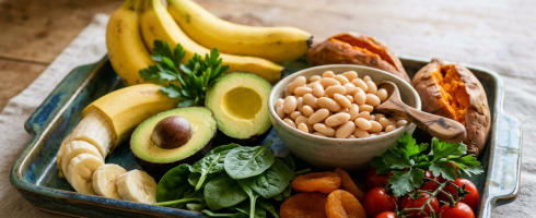 Tray with bananas, halved avocado, spinach, dried apricots, cherry tomatoes, white beans in bowl, and baked sweet potatoes
