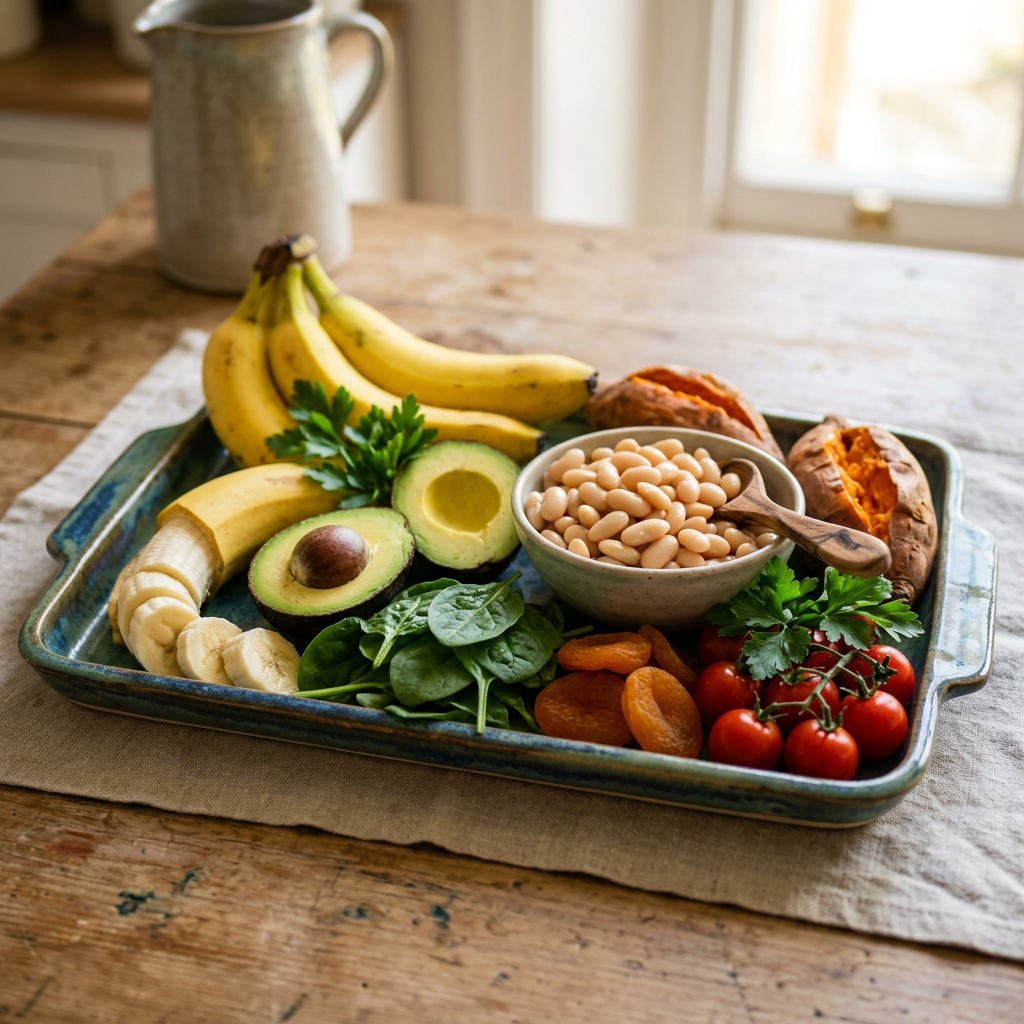Imagen actual: Tray with bananas, halved avocado, spinach, dried apricots, cherry tomatoes, white beans in bowl, and baked sweet potatoes