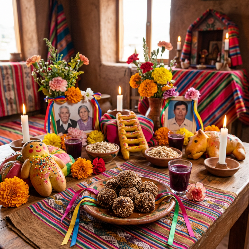 Imagen actual: Day of the Dead altar with flowers, candles, photographs, and traditional food offerings