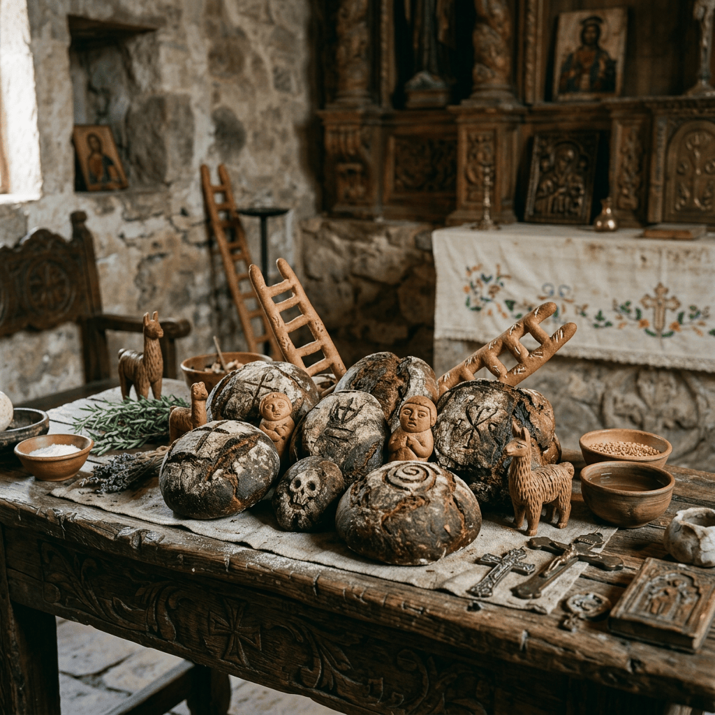 Imagen actual: Loaves of bread with carved religious symbols on a wooden altar surrounded by lit candles and religious icons