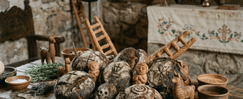 Loaves of bread with carved religious symbols on a wooden altar surrounded by lit candles and religious icons