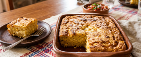 Baked corn casserole in a clay dish with a slice served on a wooden plate and a bowl of salsa