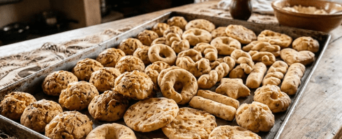 Tray of golden-brown cheese bread rolls on wooden table with person preparing dough in background