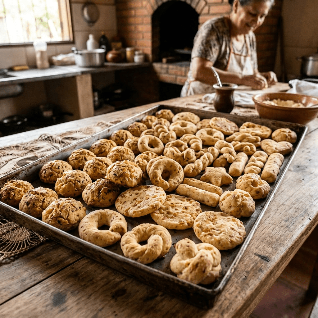 Imagen actual: Tray of golden-brown cheese bread rolls on wooden table with person preparing dough in background