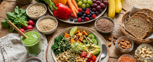 Plate with fresh fruits and vegetables, buddha bowl with grains and veggies, jars of nuts and seeds, and green smoothie on wooden table