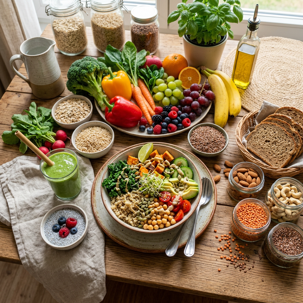 Imagen actual: Plate with fresh fruits and vegetables, buddha bowl with grains and veggies, jars of nuts and seeds, and green smoothie on wooden table