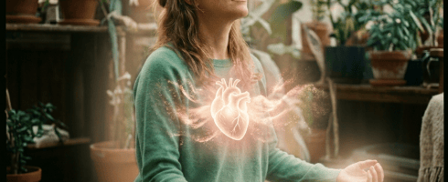 Woman sitting cross-legged meditating indoors surrounded by a glowing aura