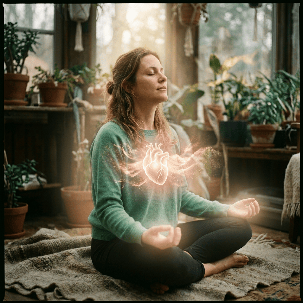 Imagen actual: Woman sitting cross-legged meditating indoors surrounded by a glowing aura