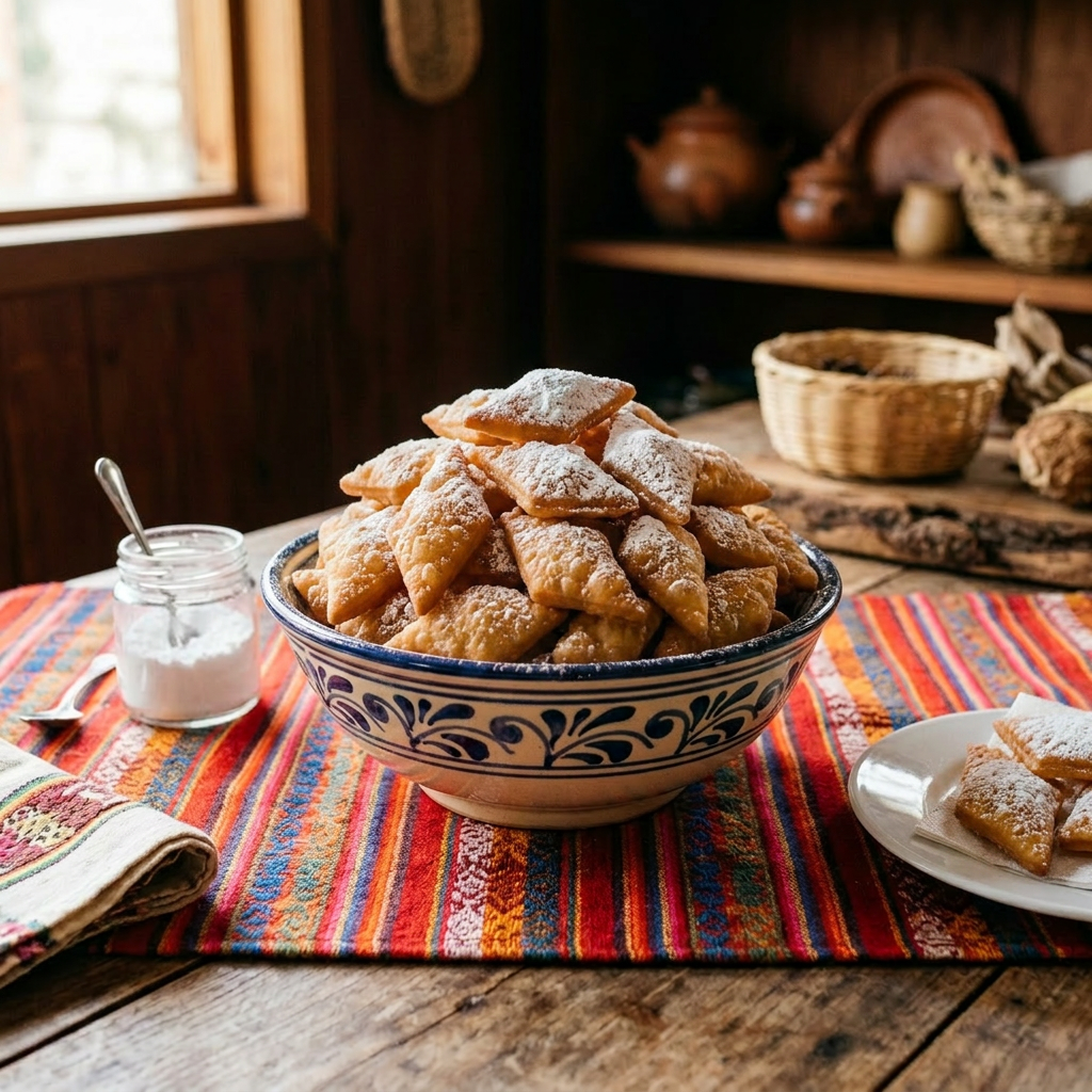 Imagen actual: Bowl of fried pastries dusted with powdered sugar on a wooden table with colorful cloth