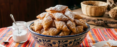 Bowl of fried pastries dusted with powdered sugar on a wooden table with colorful cloth