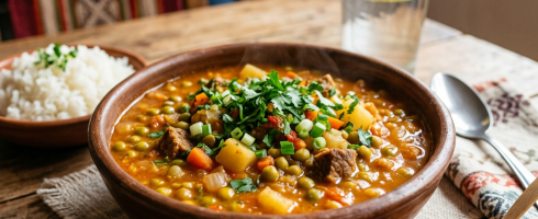 Bowl of vegetable and meat stew with parsley and green onions, bowl of white rice, glass of water with lemon, and sauce on a wooden table