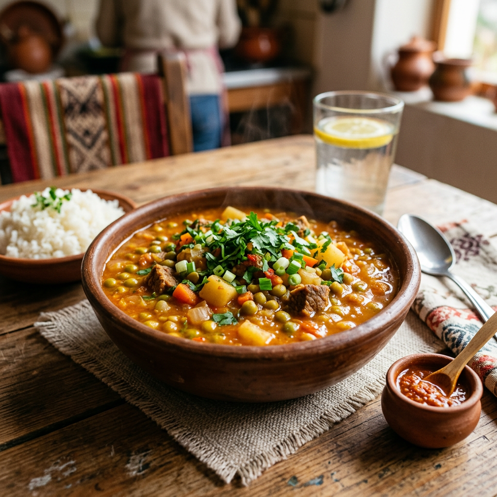 Imagen actual: Bowl of vegetable and meat stew with parsley and green onions, bowl of white rice, glass of water with lemon, and sauce on a wooden table