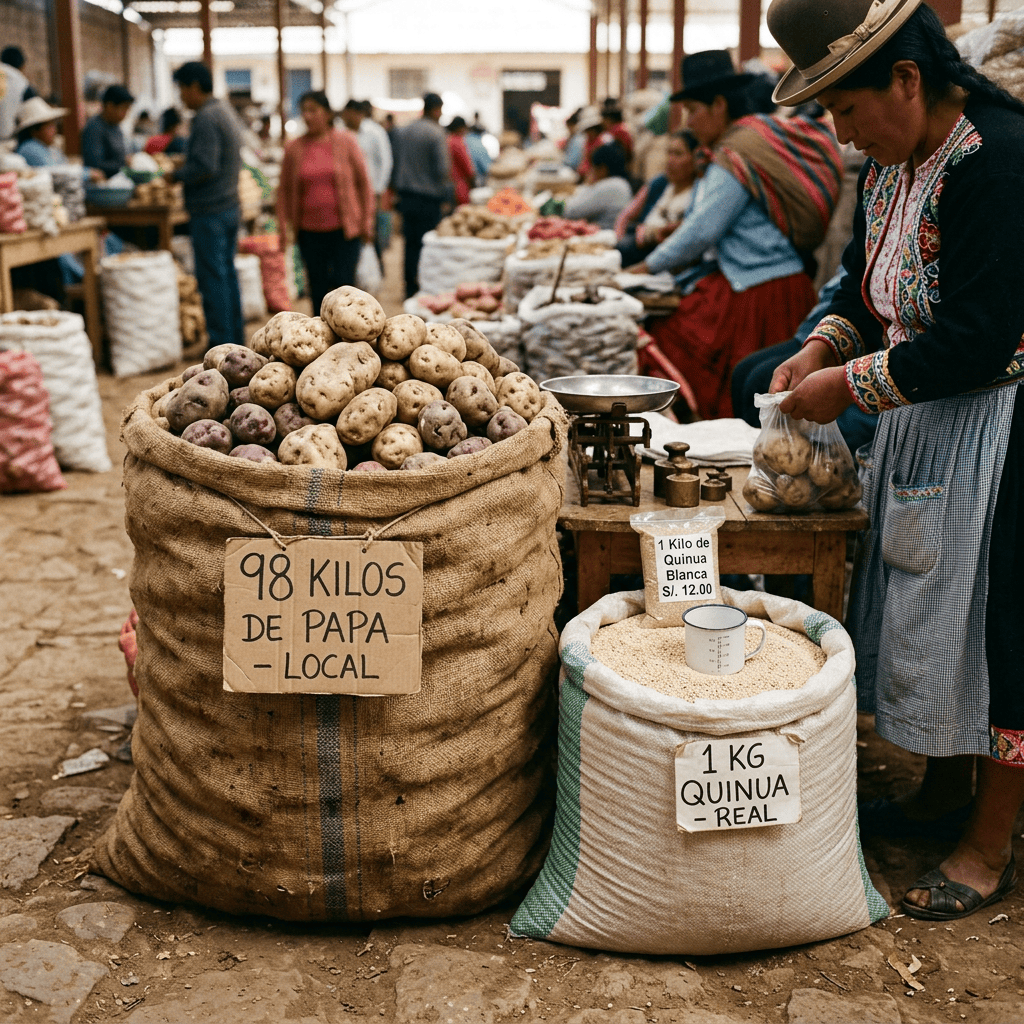 Imagen actual: Large sacks of potatoes and quinoa labeled with weights and prices at a market stall.