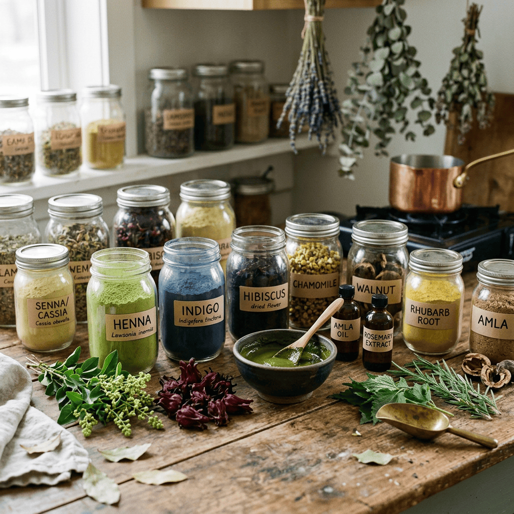 Imagen actual: Jars of labeled natural herbal powders and bottles of herbal oils on a wooden table with fresh herbs