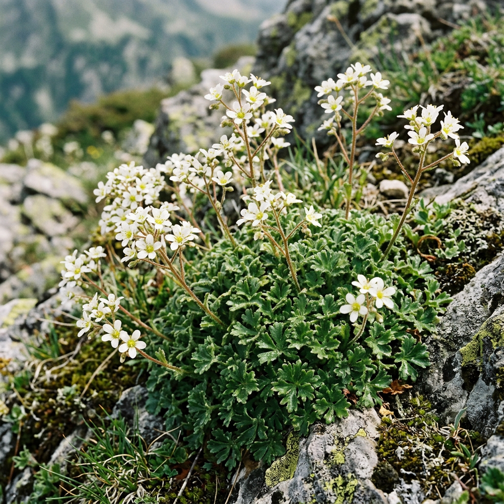 Imagen actual: Cluster of small white wildflowers with yellow centers growing on rocky ground.