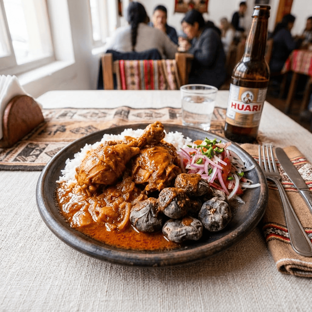 Imagen actual: Plate with Peruvian chicken stew, rice, pickled onions, and purple corn