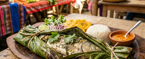 Grilled fish wrapped in banana leaves with rice, fried plantains, and sauce on wooden platter