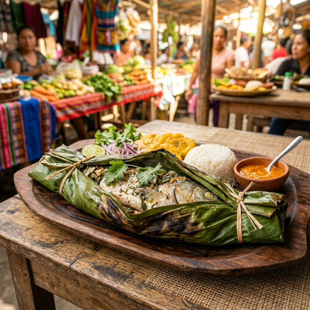 Imagen actual: Grilled fish wrapped in banana leaves with rice, fried plantains, and sauce on wooden platter