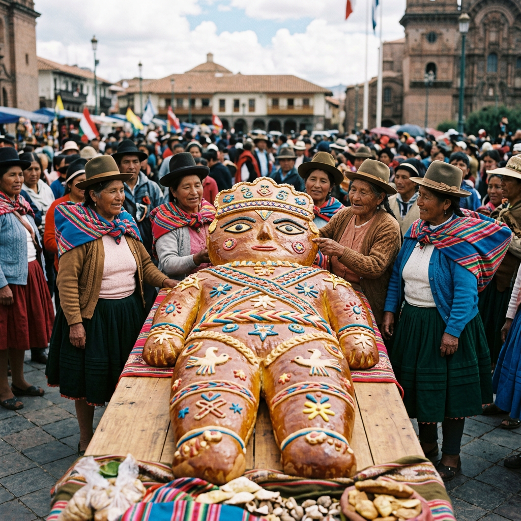 Imagen actual: Large decorated bread figure shaped like a person surrounded by women in traditional Peruvian clothing