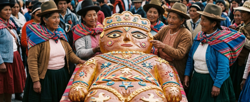 Large decorated bread figure shaped like a person surrounded by women in traditional Peruvian clothing