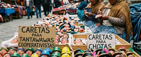 Rows of small painted masks with traditional Bolivian hats displayed at an outdoor market