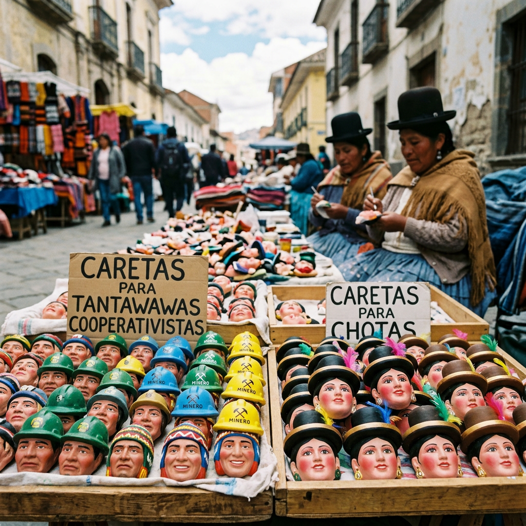 Imagen actual: Rows of small painted masks with traditional Bolivian hats displayed at an outdoor market