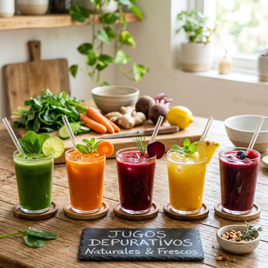 Imagen actual: Five glasses of fresh detox juices in green, orange, red, yellow, and purple colors with garnishes and ingredients on a wooden table