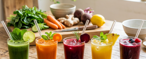 Five glasses of fresh detox juices in green, orange, red, yellow, and purple colors with garnishes and ingredients on a wooden table