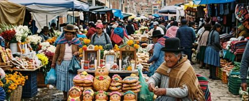 Street market stall with traditional decorated bread figures and a smiling woman vendor