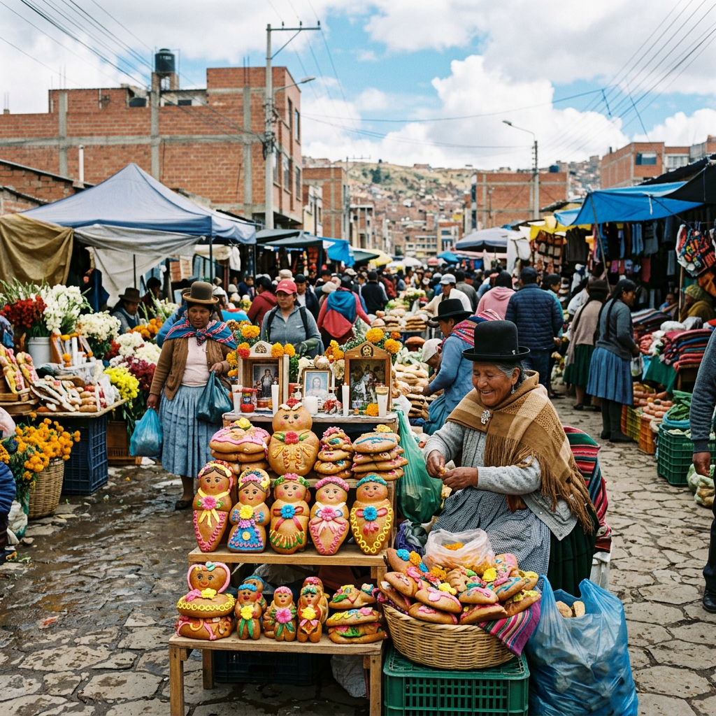Imagen actual: Street market stall with traditional decorated bread figures and a smiling woman vendor