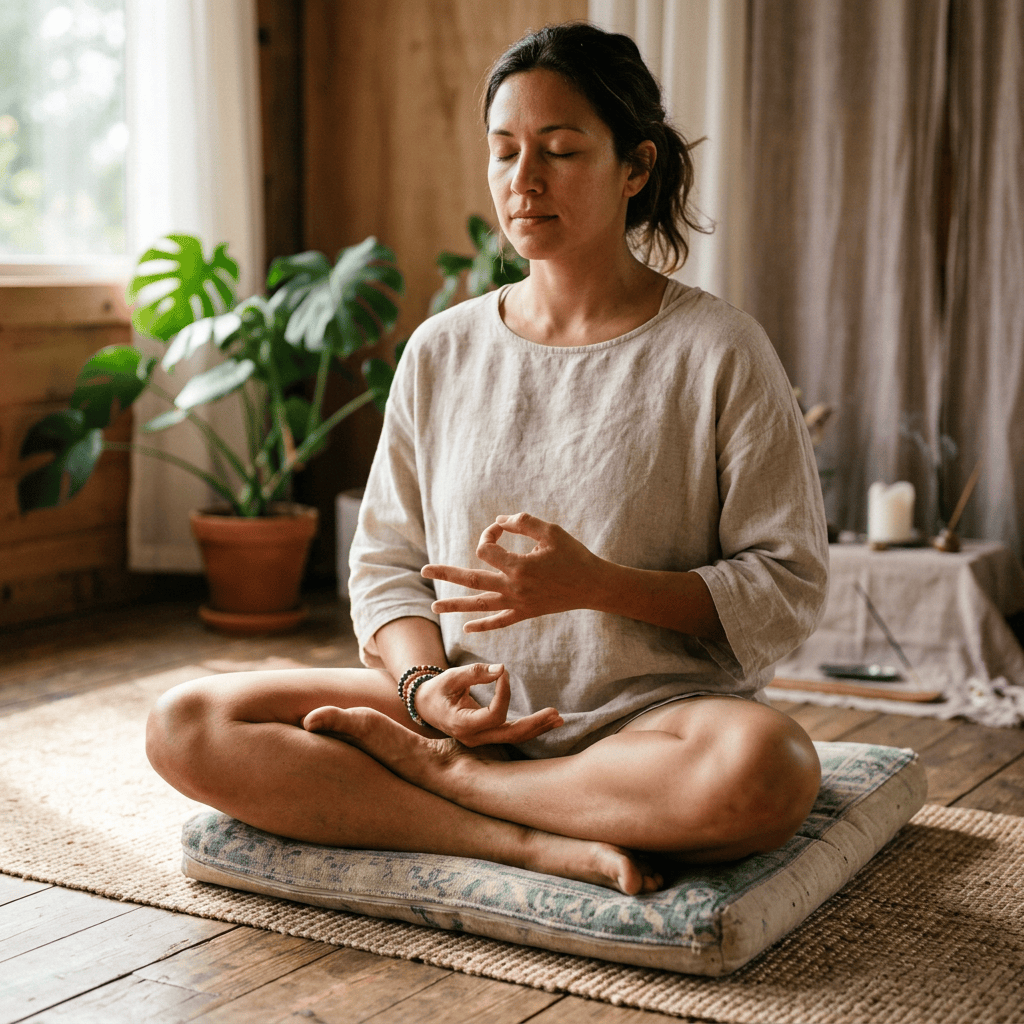 Imagen actual: Woman sitting cross-legged on cushion meditating with eyes closed indoors