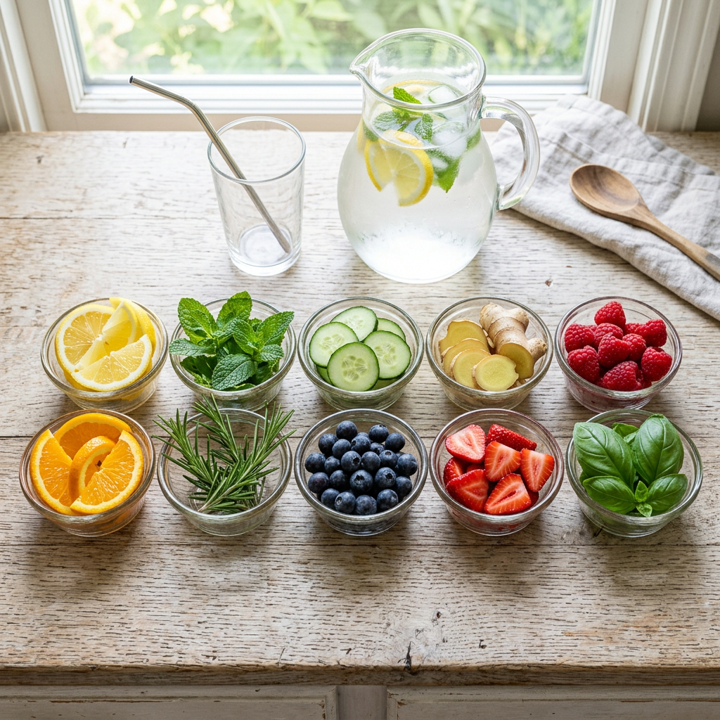 Imagen actual: Small bowls containing lemon, orange, mint, rosemary, cucumber, blueberries, ginger, strawberries, raspberries, and basil with a pitcher of lemon and mint infused water and an empty glass with a metal straw