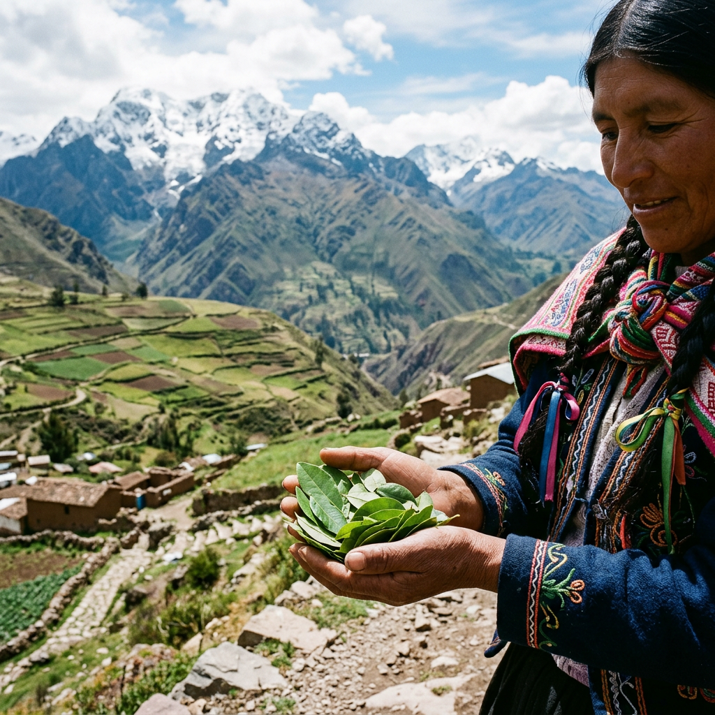 Imagen actual: Woman in traditional Andean dress holding a handful of coca leaves in front of mountainous landscape