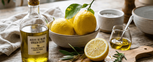 Bottle of extra virgin olive oil, lemons in a bowl, halved lemon on wooden board with herbs